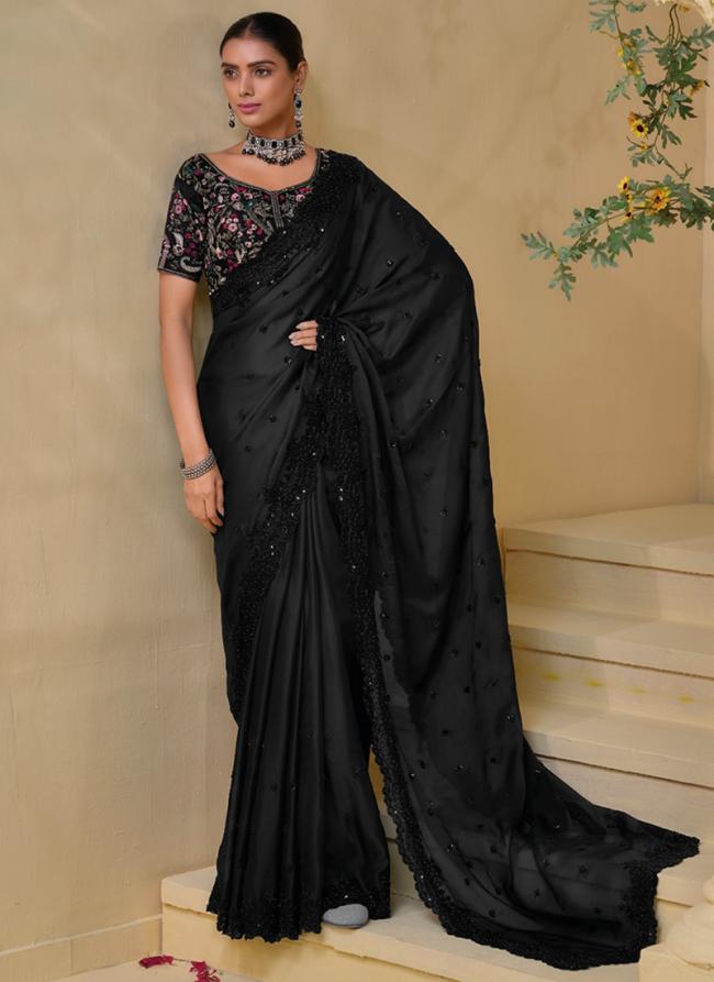 Pure Silk Black Wedding Wear Moti Work Saree